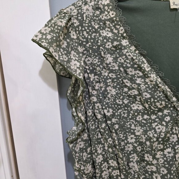 Indigo Rose Green Floral Print V-Neck Dress Midi Ruffle Cap Sleeve Elastic Waist - Picture 4 of 8